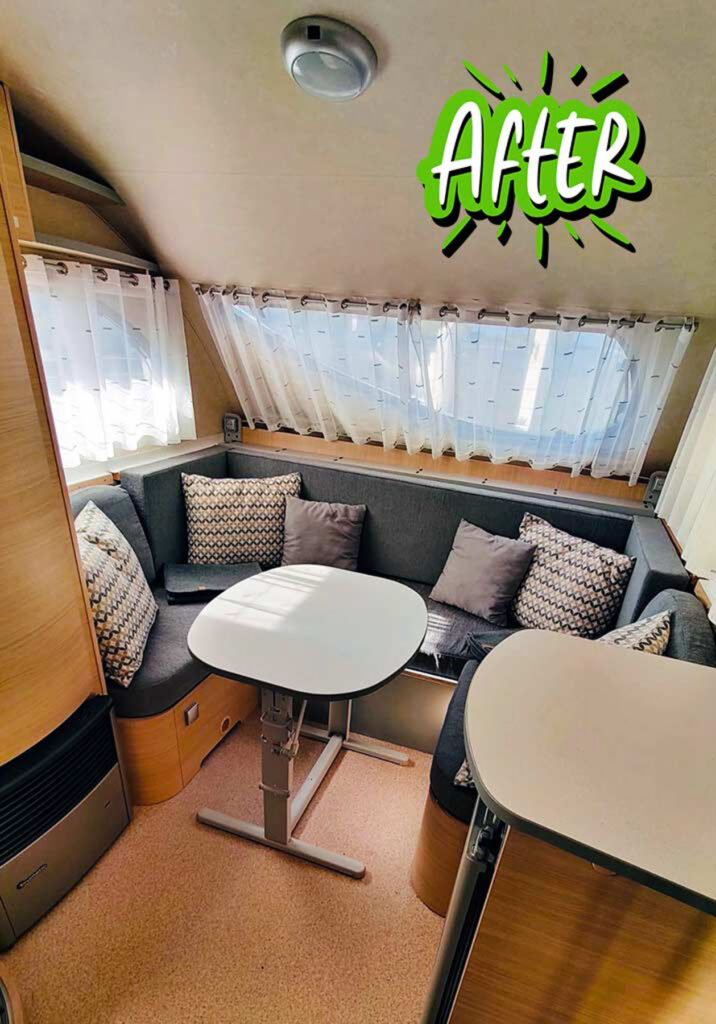Small caravan interior renovation with custom bed
