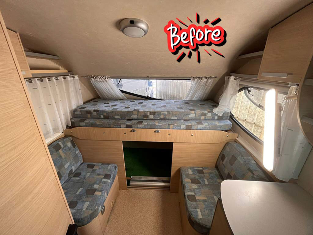 Small caravan interior renovation with custom bed

