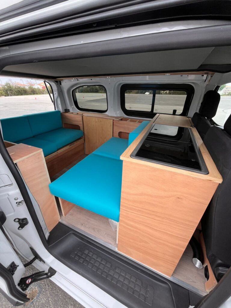 Custom camper van center console cabinet between seats